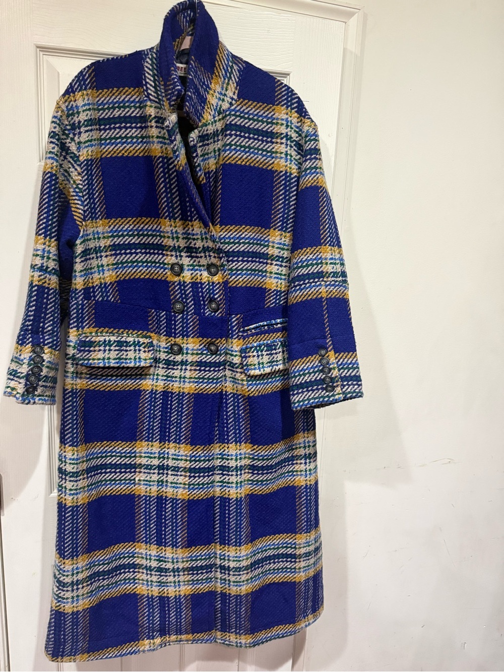 Free People Royal Blue Plaid Double-Breasted Pea Coat